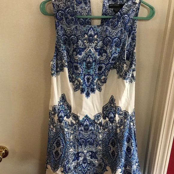 blue and white fit and flare dress